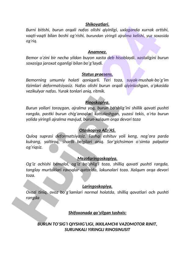 Burni bitishi va burun orqali nafas olish qiyinligi