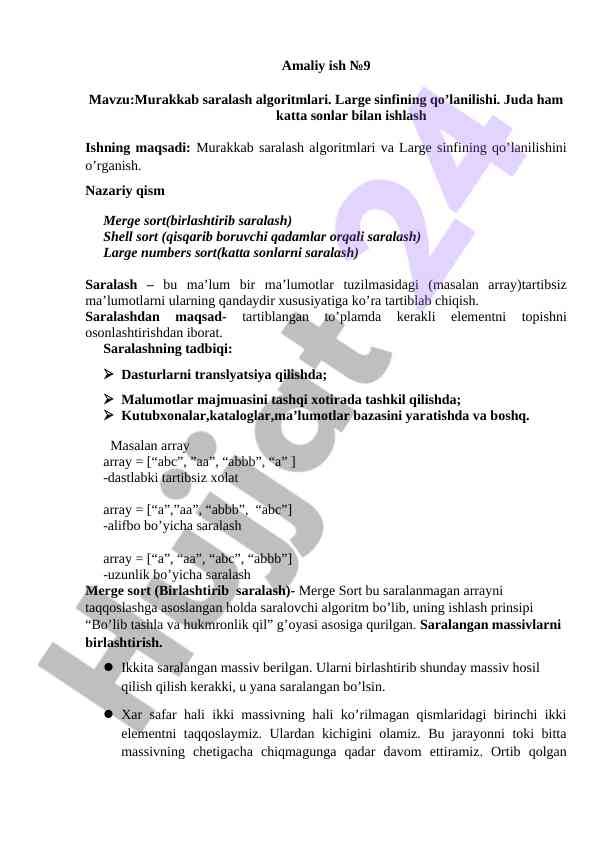 Murakkab saralash algoritmlari va large sinfi