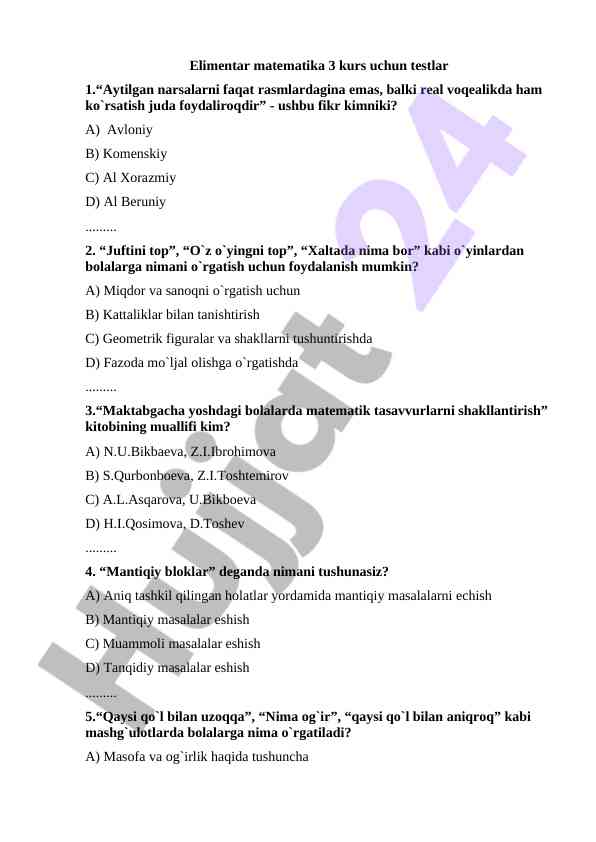 Elimentar matematika 3 kurs uchun testlar