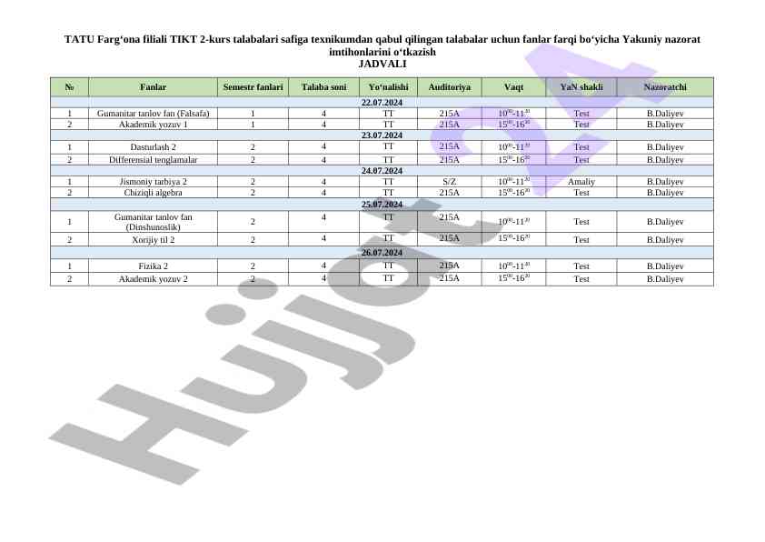 Final exam schedule for tatu farg'ona students