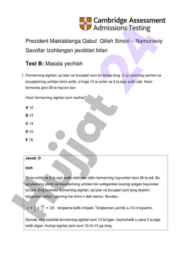 Prezident maktablariga qabul qilish sinovi savollari