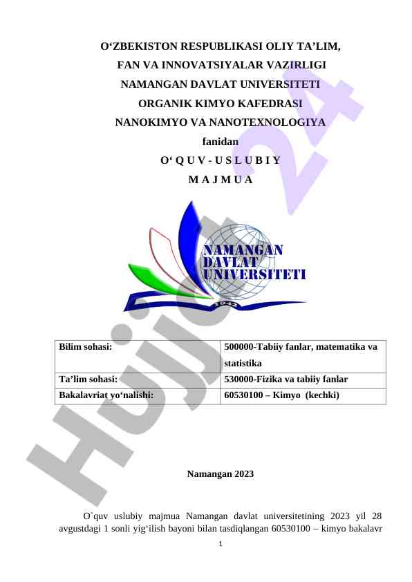 Nanokimyo va nanotexnologiya fanidan o‘quv qo‘llanma