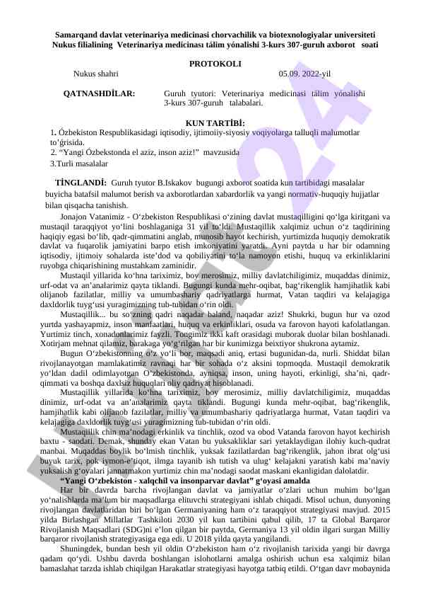Veterinariya medicinası ta'lim yonalishi axborot soati