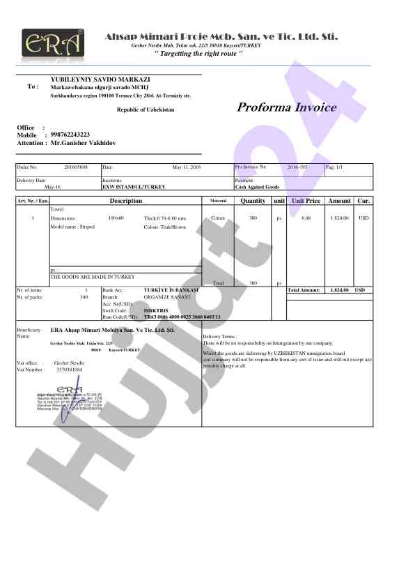 Proforma invoice for goods made in turkey