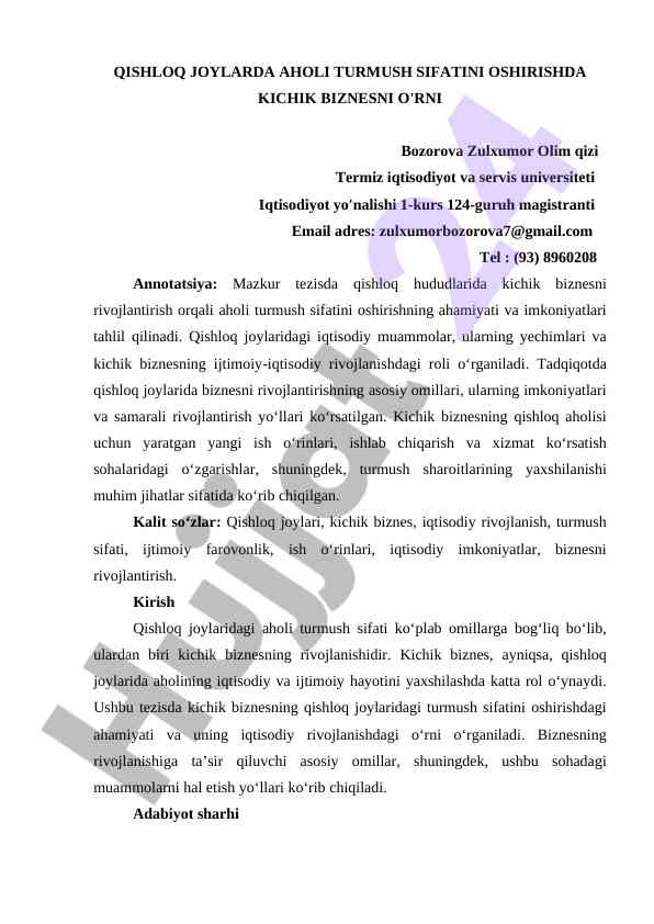 Kichik biznesning qishloq joylardagi o'rni