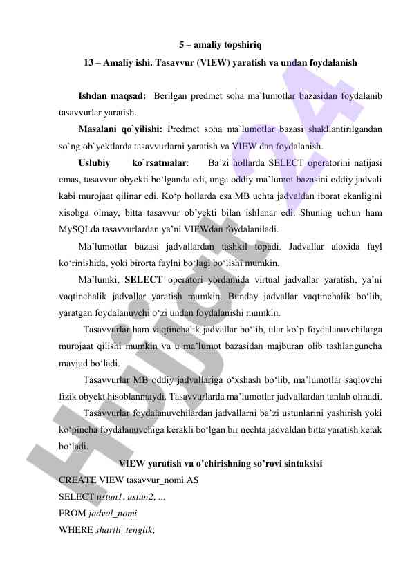 Amaliy ishlarda tasavvur yaratish va foydalanish
