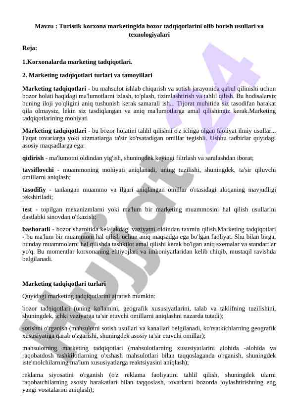 Turistik korxona marketingida bozor tadqiqotlari