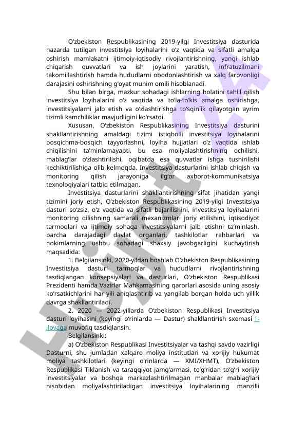 O‘zbekiston investitsiya dasturlarining tahlili