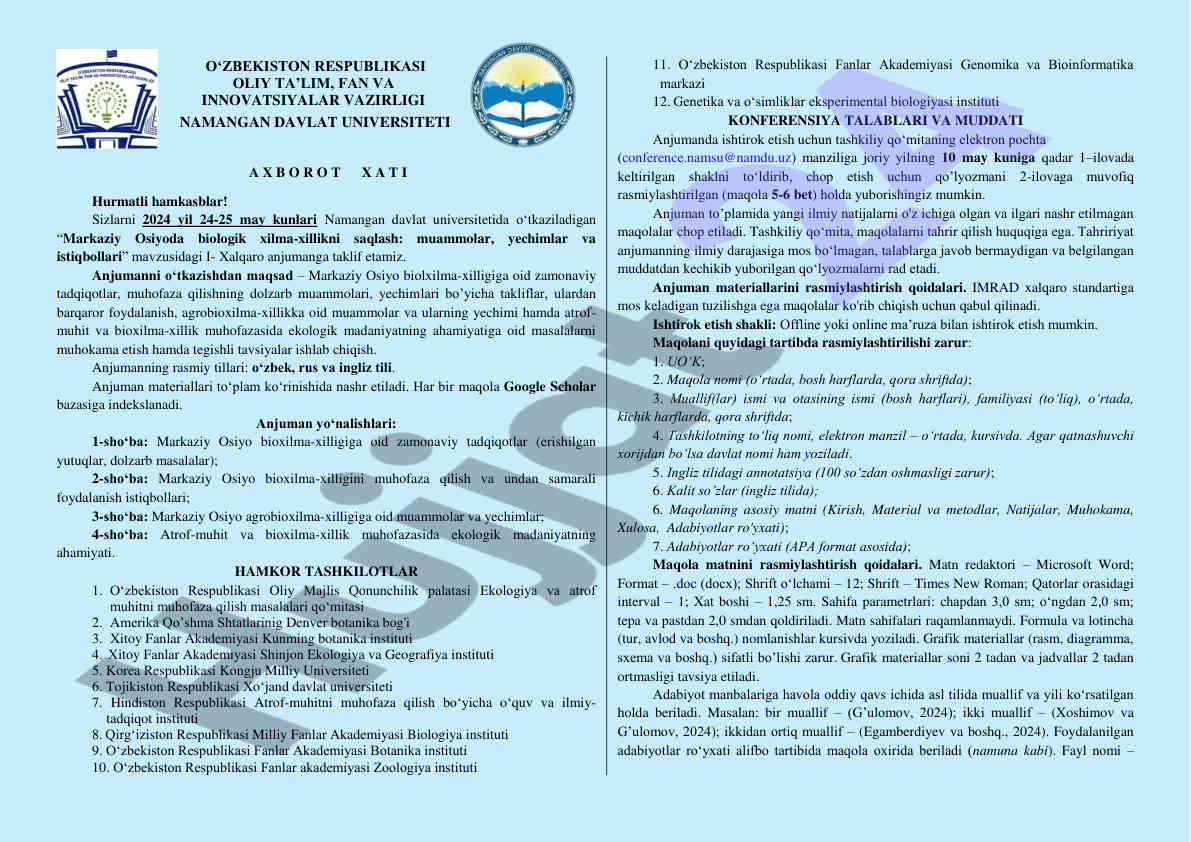 Markaziy osiyoda biologik xilma-xillikni saqlash anjumani
