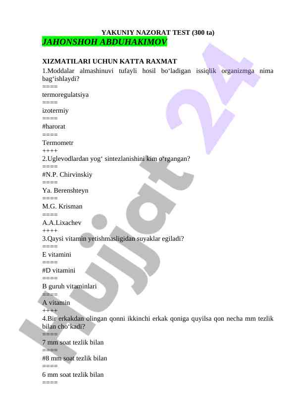 Biologiya fanidan yakuniy nazorat test namunasi