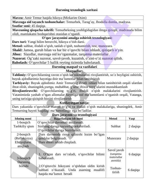 Amir temur haqida hikoya darsning texnologik xaritasini