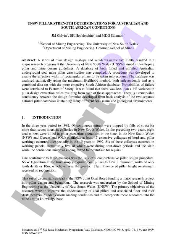 Pillar strength determinations in mining engineering