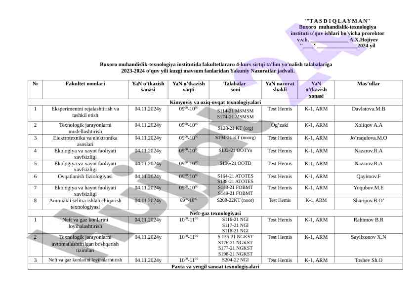 Kuzgi mavsum yakuniy nazoratlar jadvali 2023-2024