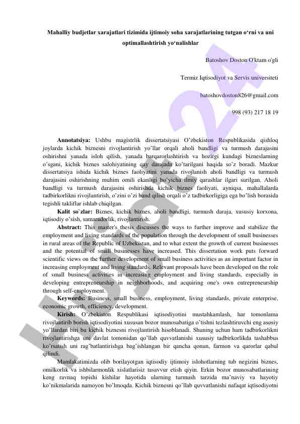 Mahalliy budjetlar xarajatlari tizimida ijtimoiy soha