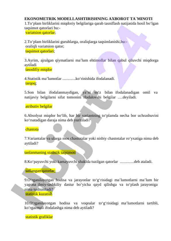 Ekonometirik modellashtirishning axborot ta'minoti