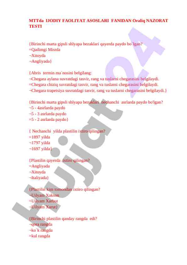 Ijodiy faoliyat asoslari fanidan nazorat testi