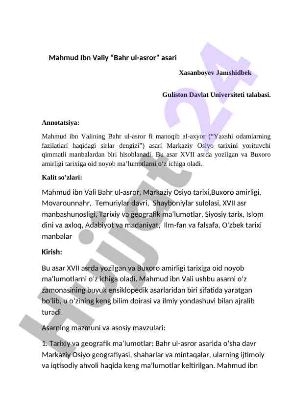 Bahr ul-asror asari va markaziy osiyo tarixi