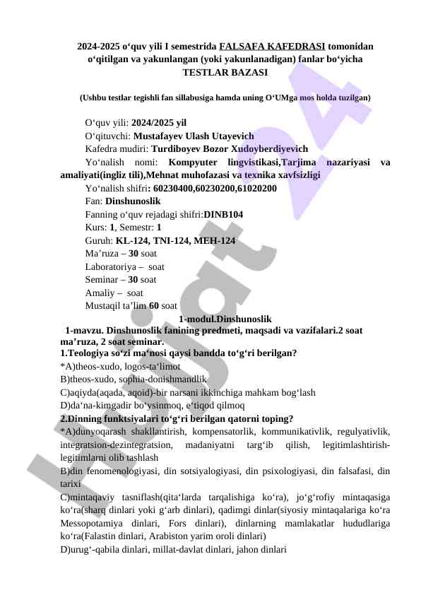 Falsafa kafedrasi testlar bazasi 2024-2025