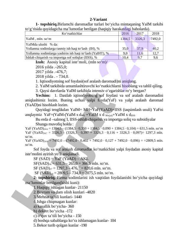 Iqtisodiy soha bo'yicha yaim tahlili