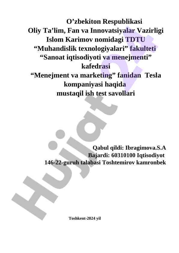 Test savollari tesla kompaniyasi haqida