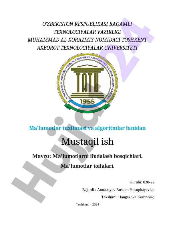 Ma’lumotlarni ifodalash bosqichlari. Ma’lumotlar toifalari.