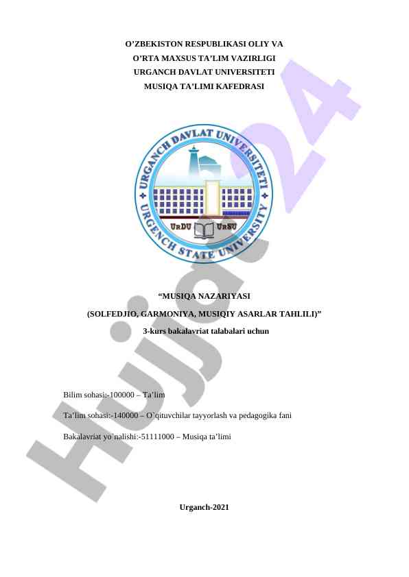 Musiqa nazariyasi o‘quv qo‘llanmasi 3-kurs talabalari uchun