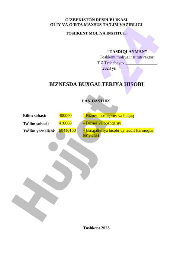 Biznesda buxgalteriya hisobi fan dasturi 2023