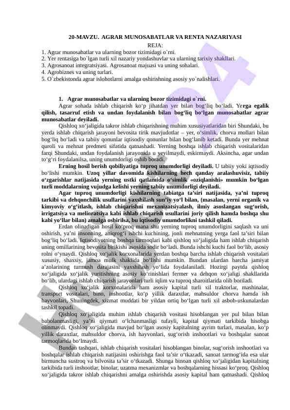 Agrar munosabatlar va renta nazariyasi asoslari