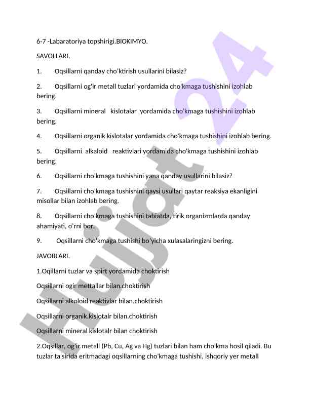 Oqsillarni cho'ktirish usullari bo'yicha laboratoriya ishlar