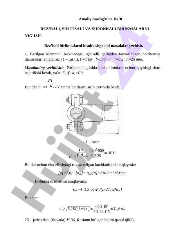 Rez'bali, shlitsali va shponkali birikmalarning hisobi