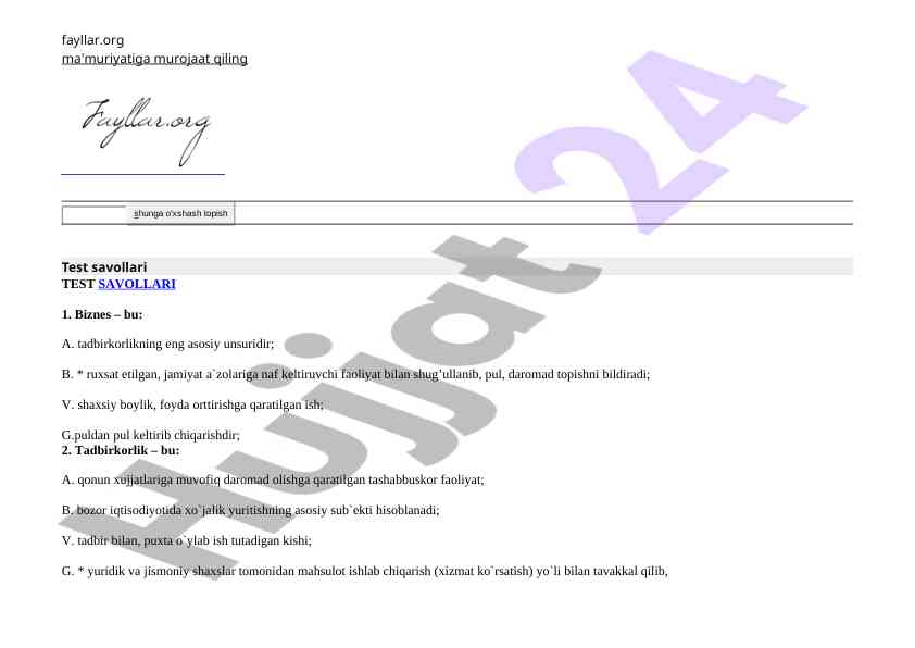 Biznes va tadbirkorlik test savollari