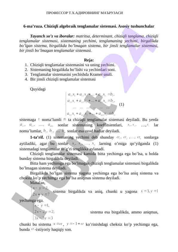 Chiziqli Algebraik Tenglamalar Sistemasining Yechimi