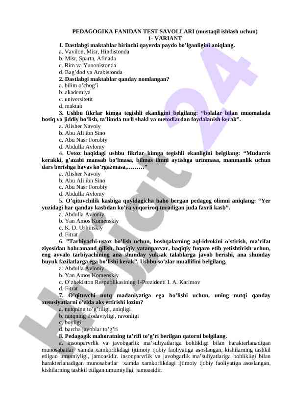 Pedagogika Fanidan Test Savollari