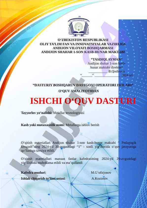 Dasturiy boshqaruv dastgohi operatori ishlari