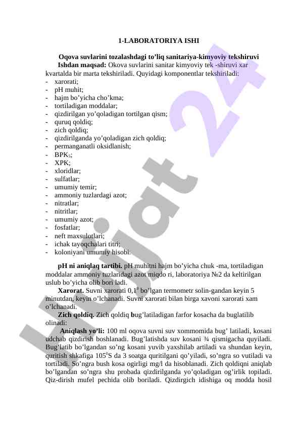 Oqova suvlarini tozalashdagi sanitariya-tekshiruvi