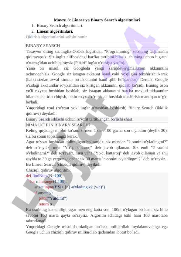 Binary va linear qidirish algoritmlari tahlili