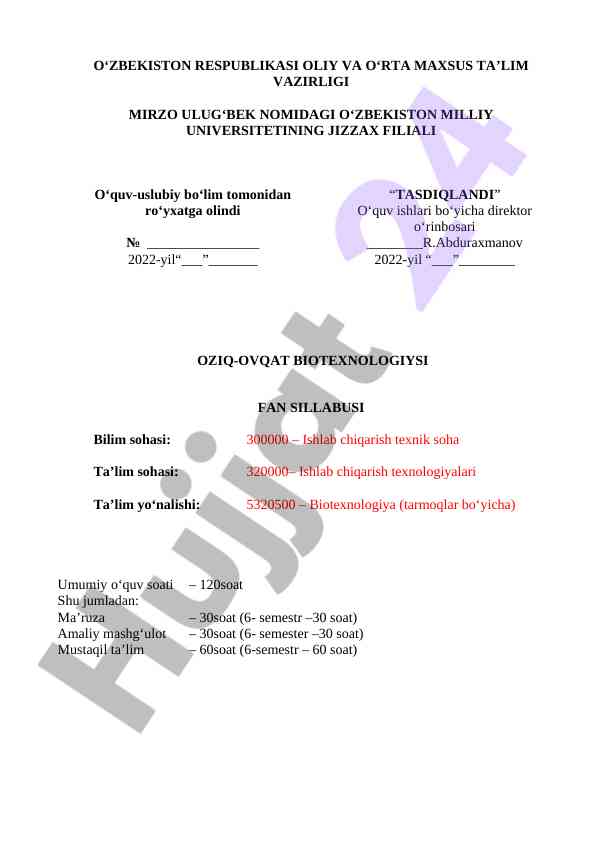 Oziq-ovqat biotexnologiyasi fan sillabusi