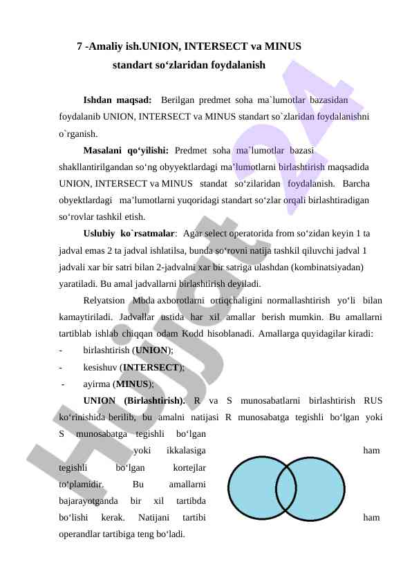 Union intersect va minus standart so‘zlari amaliy ish