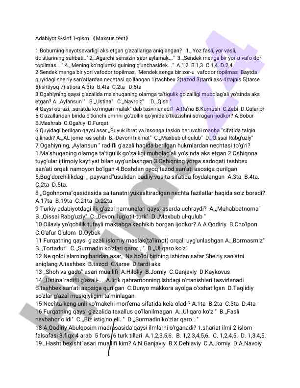 Adabiyot 9-sinf savollarining javoblari