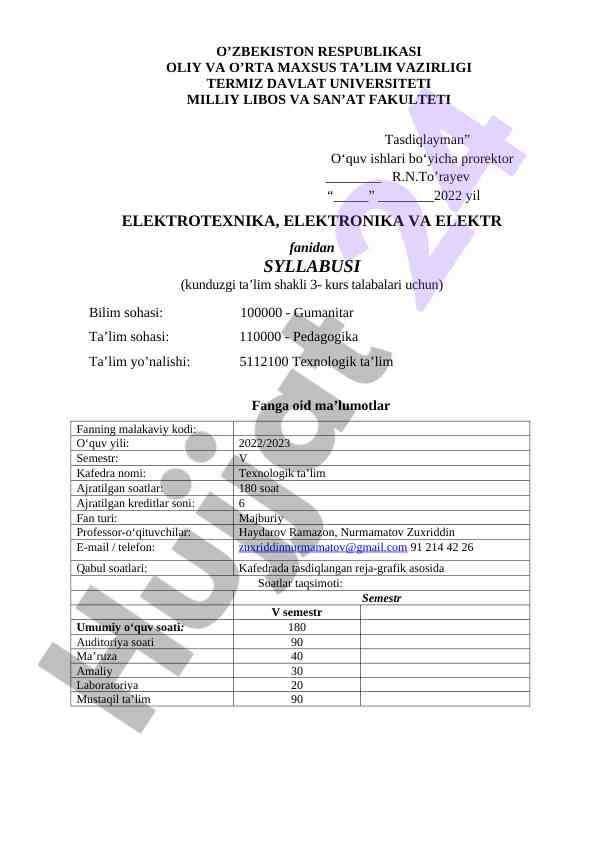 Elektrotaxnika, elektronika va elektr syllabus