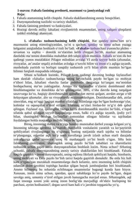 Falsafa fanining predmeti va jamiyatdagi roli