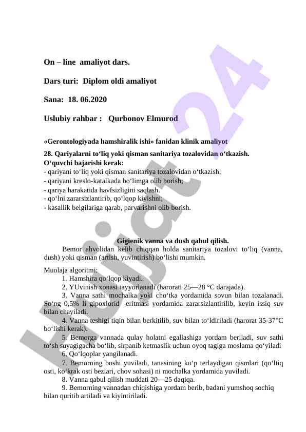 Gerontologiyada hamshiralik ishtiyoji dars rejasi