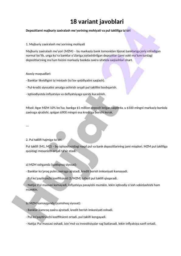 Depozitlarni majburiy zaxiralash me’yorining mohiyati