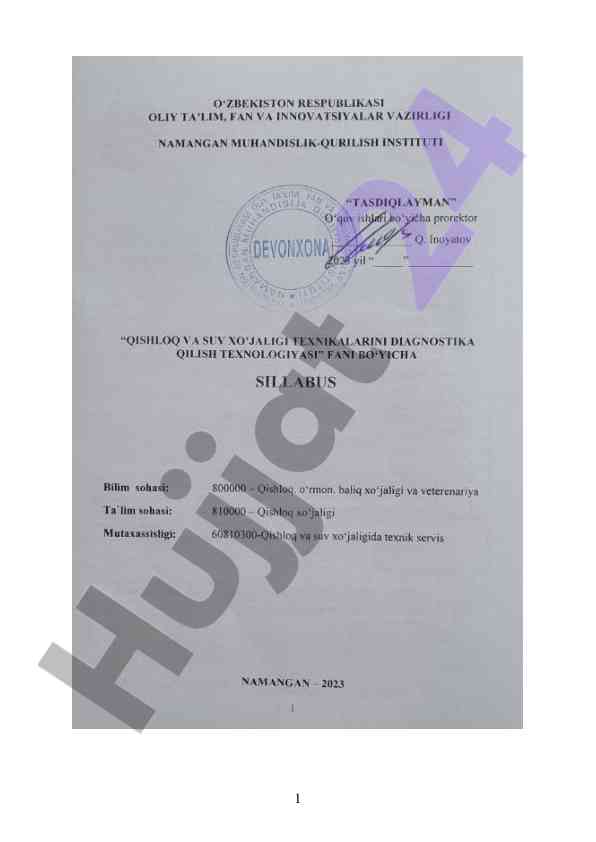 Qishloq va suv xo‘jaligi texnikalarini diagnostika