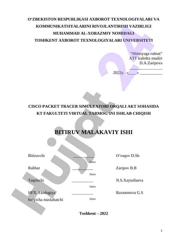 Cisco packet tracer simulyatori bilan malakaviy ish