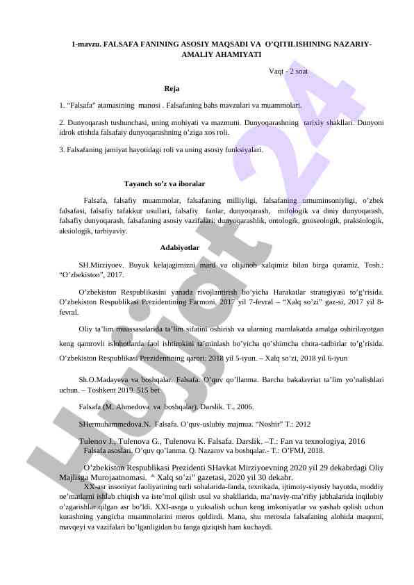 Falsafa fanining asosiy maqsadi va o‘qitilishi