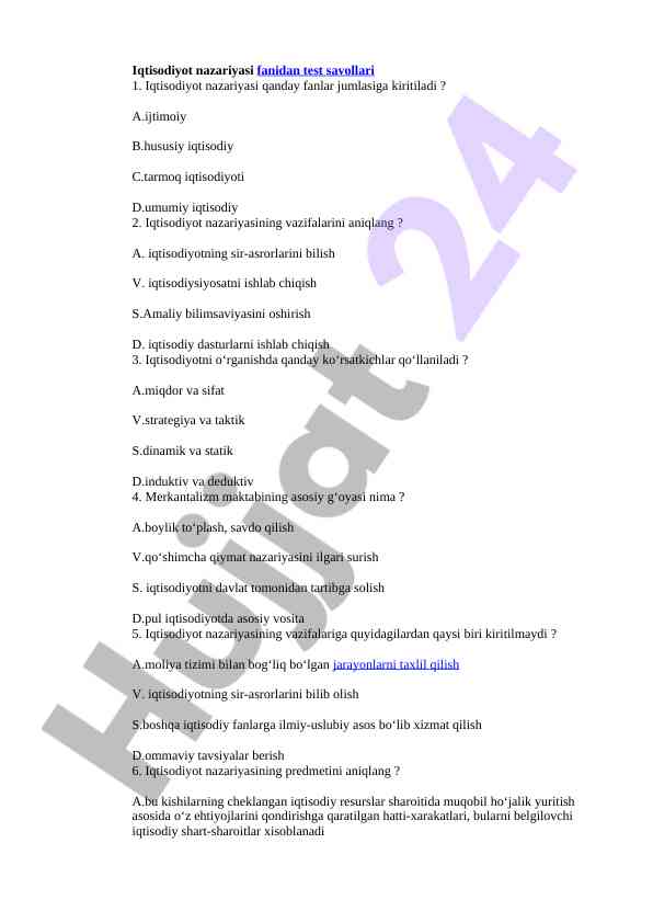 Iqtisodiyot nazariyasi fanidan test savollari