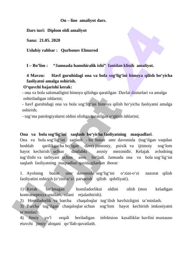 Onlayn amaliyot darsida ona va bola sog‘ligi