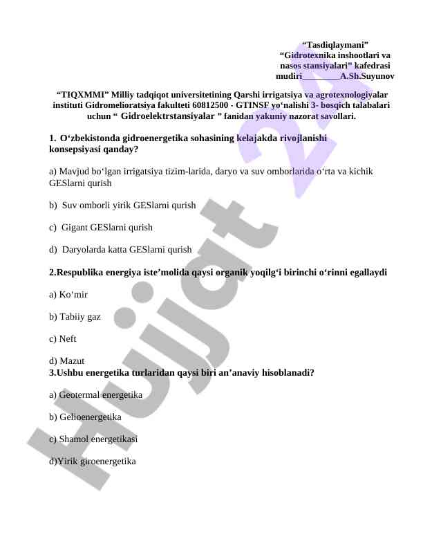 Gidroelektrstansiyalar fanidan yakuniy nazorat savollari