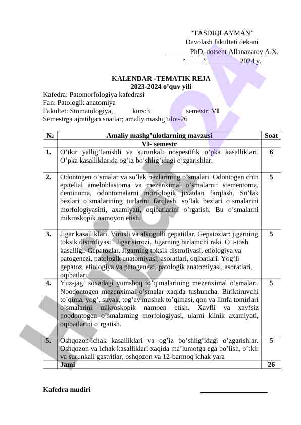 Patologik anatomiya kafedrasi tematik reja 2023-2024